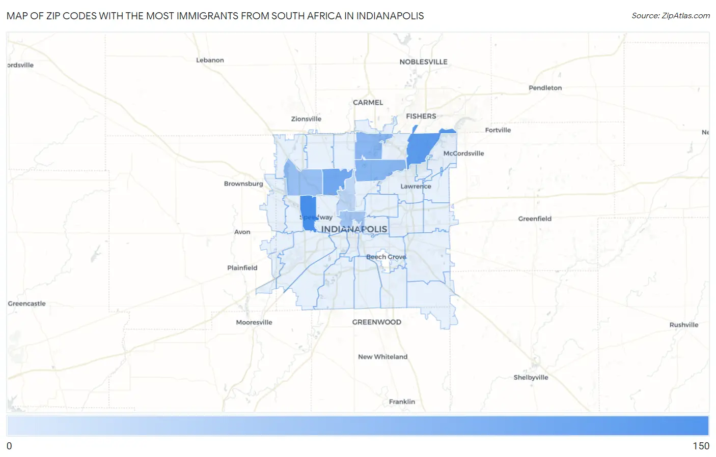 Zip Codes with the Most Immigrants from South Africa in Indianapolis Map