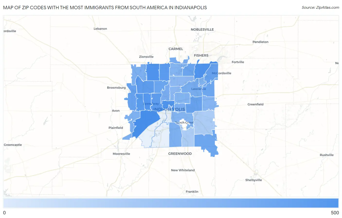Zip Codes with the Most Immigrants from South America in Indianapolis Map