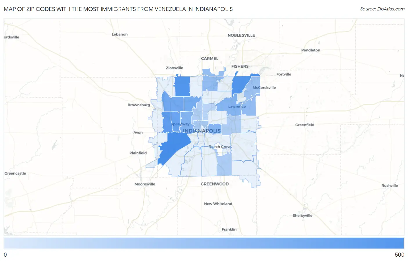 Zip Codes with the Most Immigrants from Venezuela in Indianapolis Map