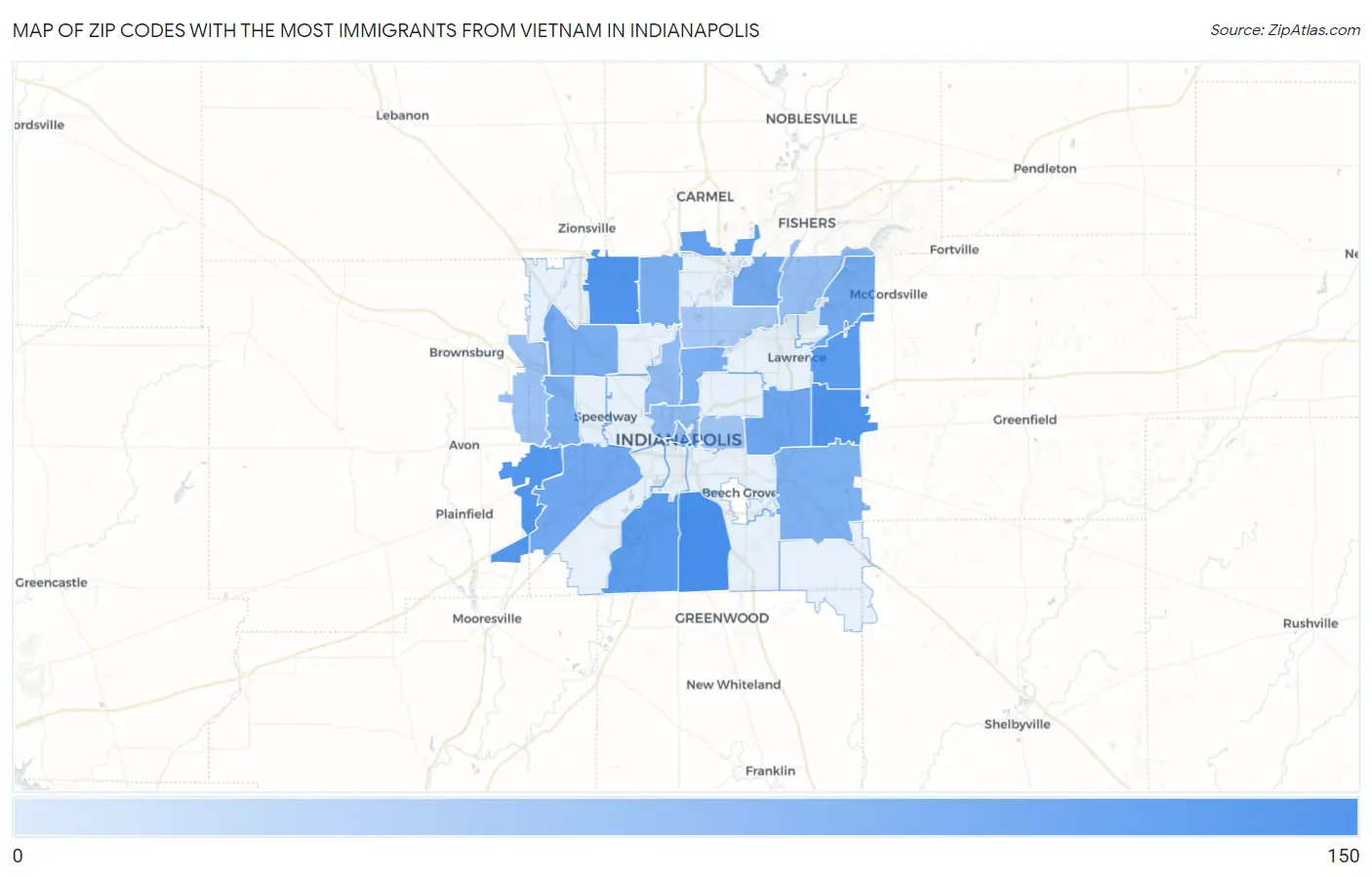 Zip Codes with the Most Immigrants from Vietnam in Indianapolis Map