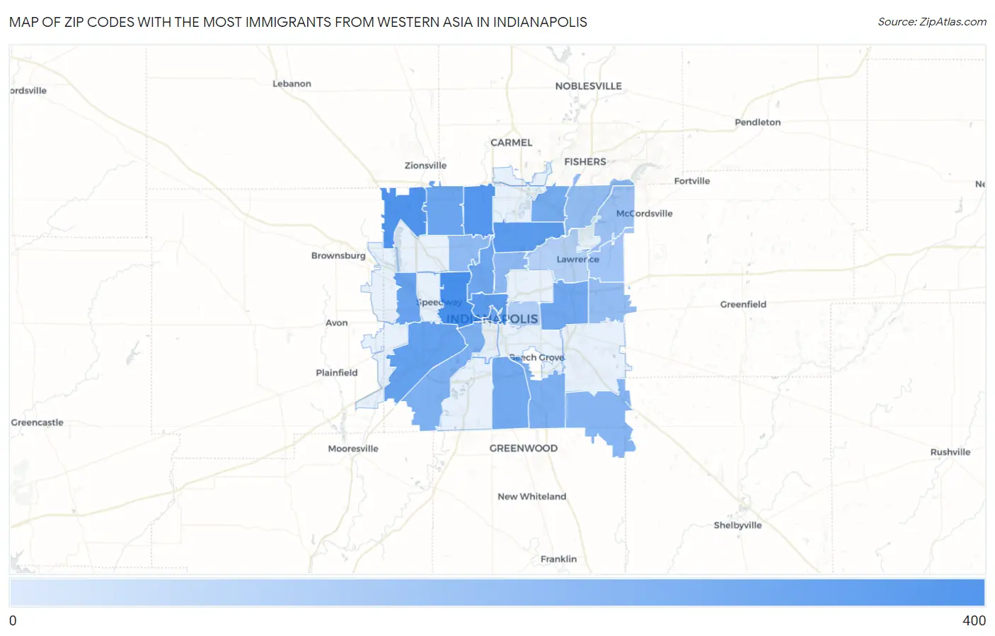 Zip Codes with the Most Immigrants from Western Asia in Indianapolis Map