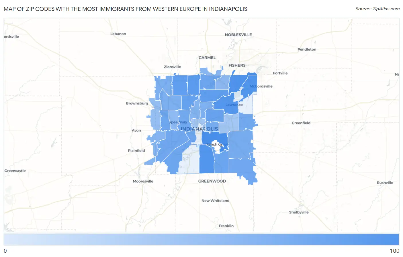 Zip Codes with the Most Immigrants from Western Europe in Indianapolis Map