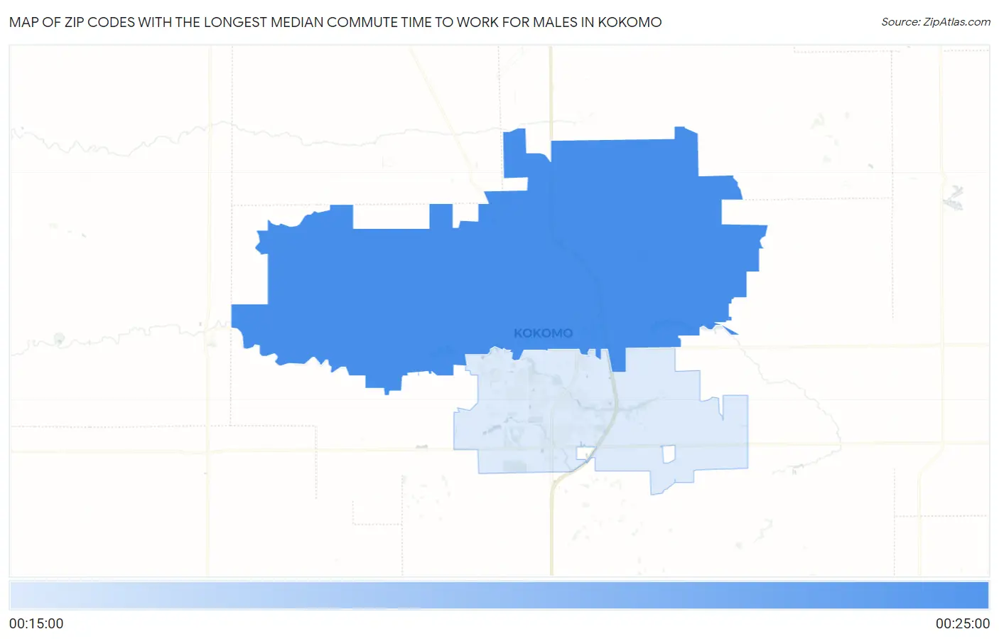 Zip Codes with the Longest Median Commute Time to Work for Males in Kokomo Map