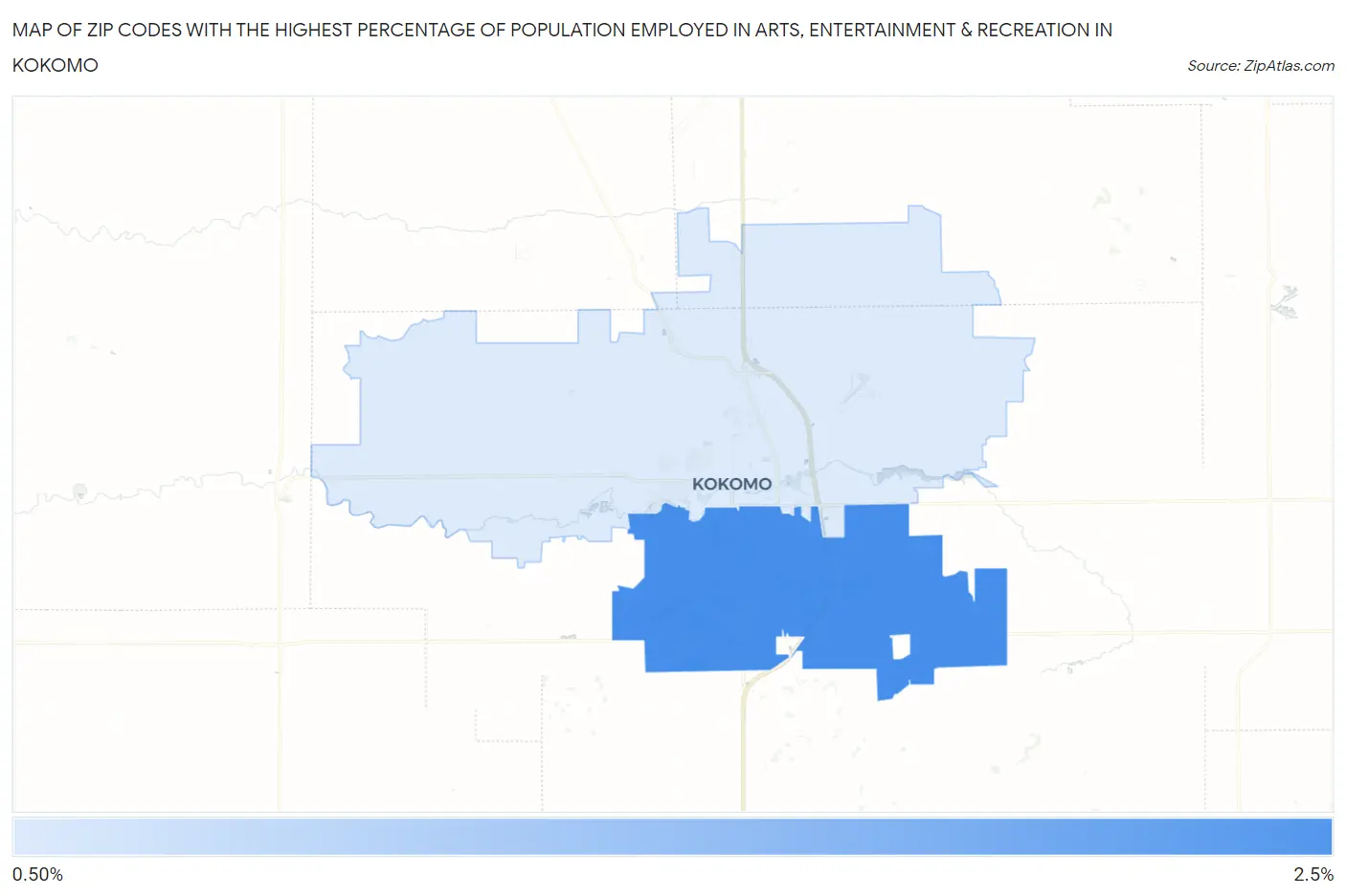 Zip Codes with the Highest Percentage of Population Employed in Arts, Entertainment & Recreation in Kokomo Map