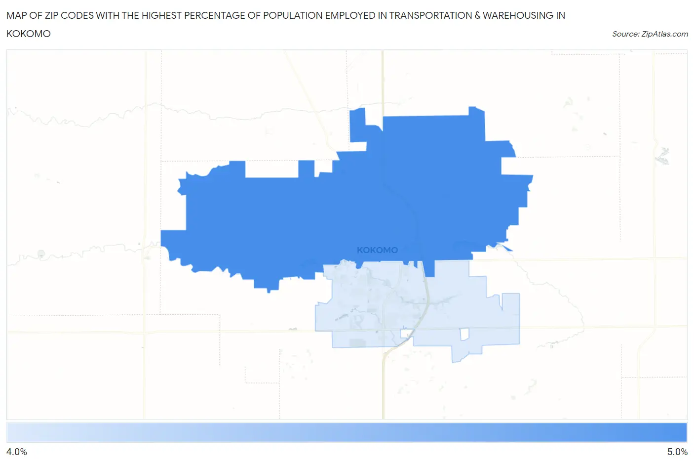 Zip Codes with the Highest Percentage of Population Employed in Transportation & Warehousing in Kokomo Map