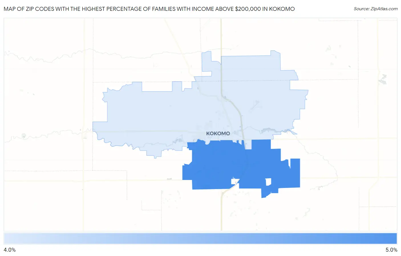 Zip Codes with the Highest Percentage of Families with Income Above $200,000 in Kokomo Map