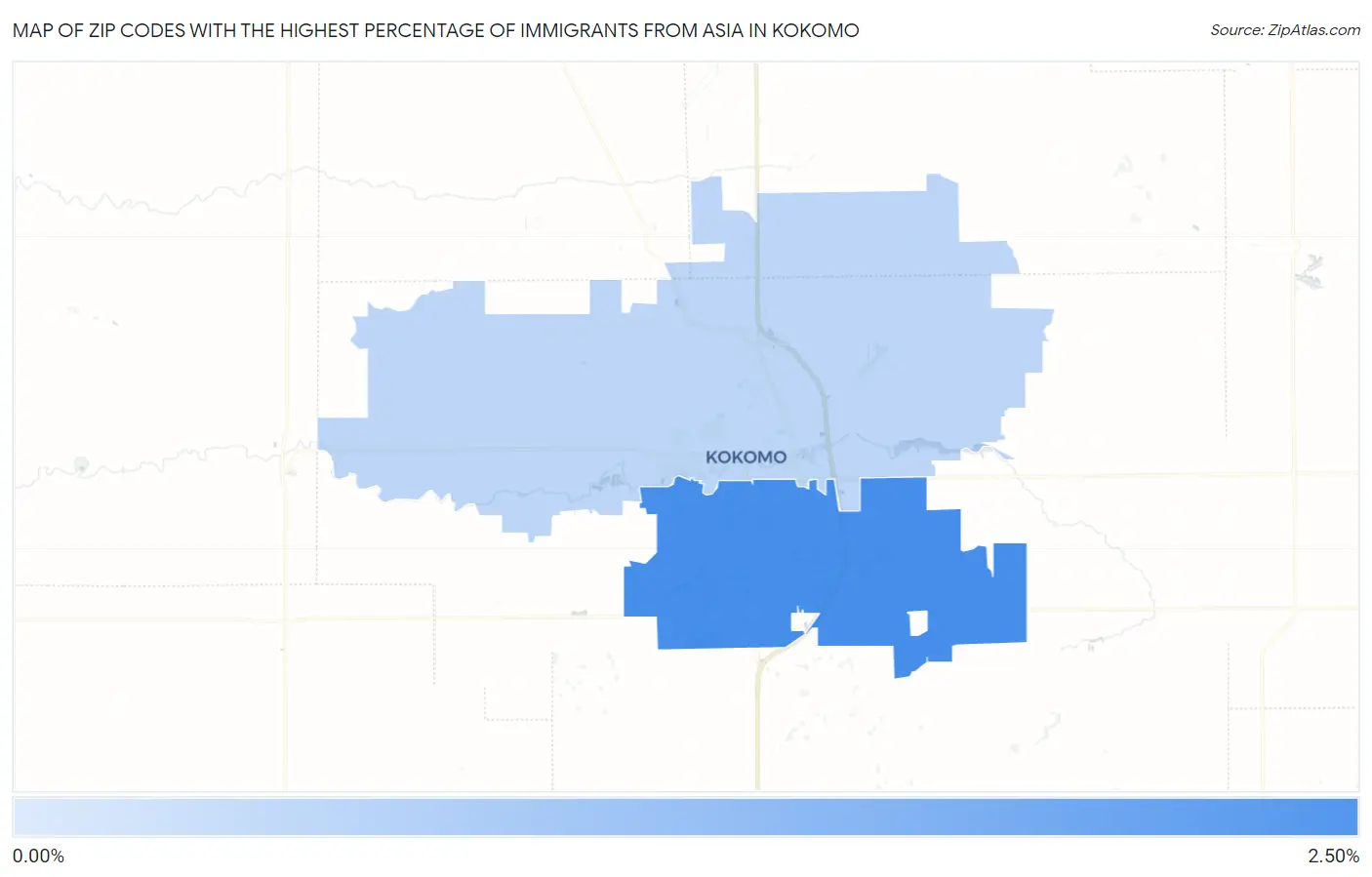 Zip Codes with the Highest Percentage of Immigrants from Asia in Kokomo Map