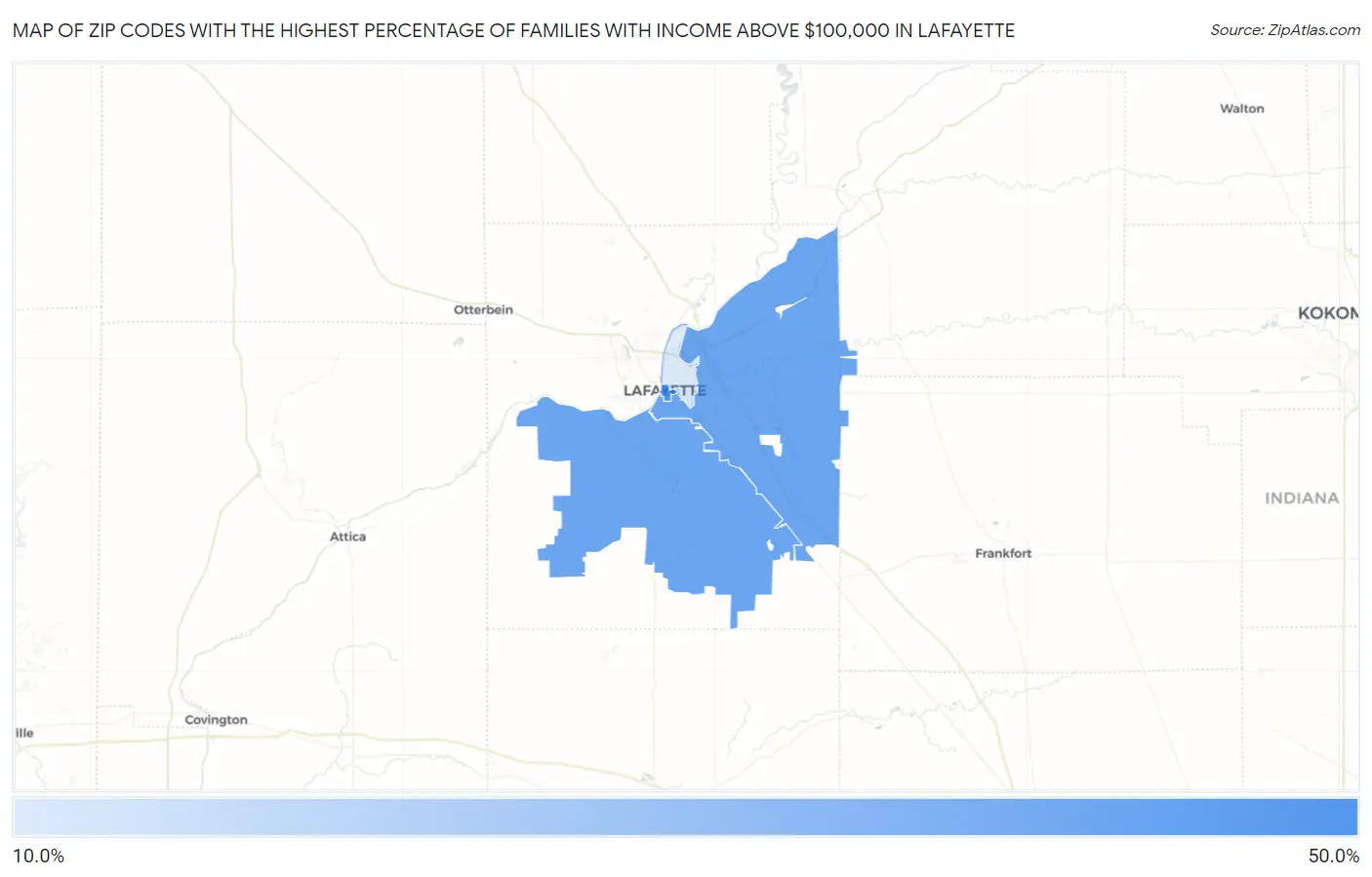 Zip Codes with the Highest Percentage of Families with Income Above $100,000 in Lafayette Map