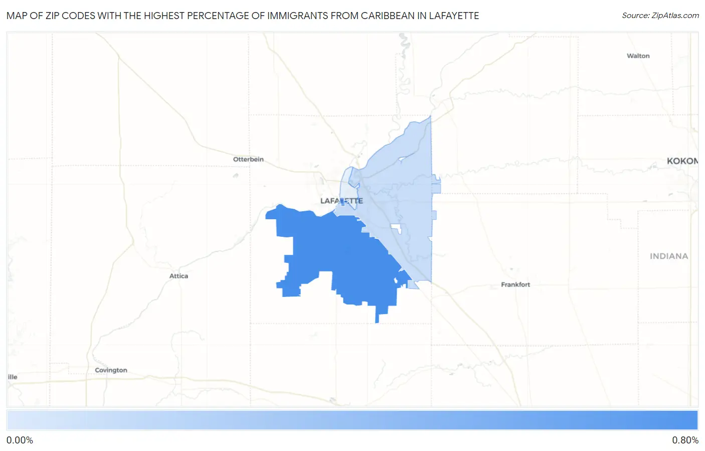 Zip Codes with the Highest Percentage of Immigrants from Caribbean in Lafayette Map