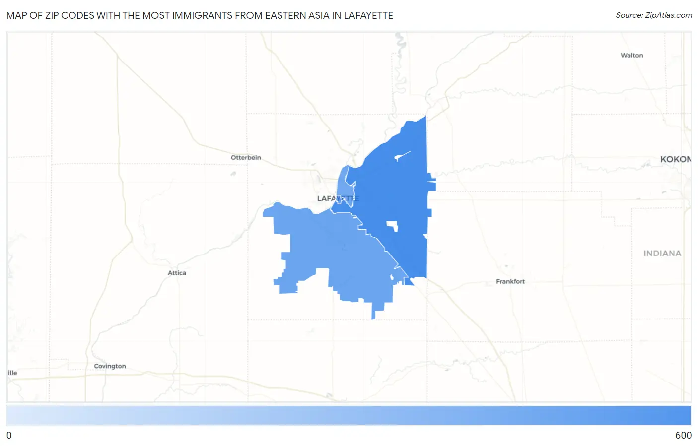 Zip Codes with the Most Immigrants from Eastern Asia in Lafayette Map