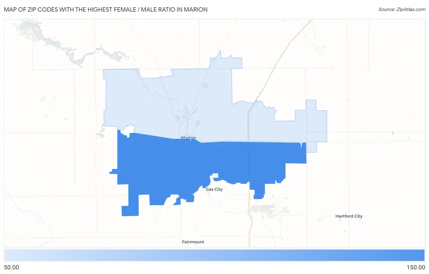 Zip Codes with the Highest Female / Male Ratio in Marion Map