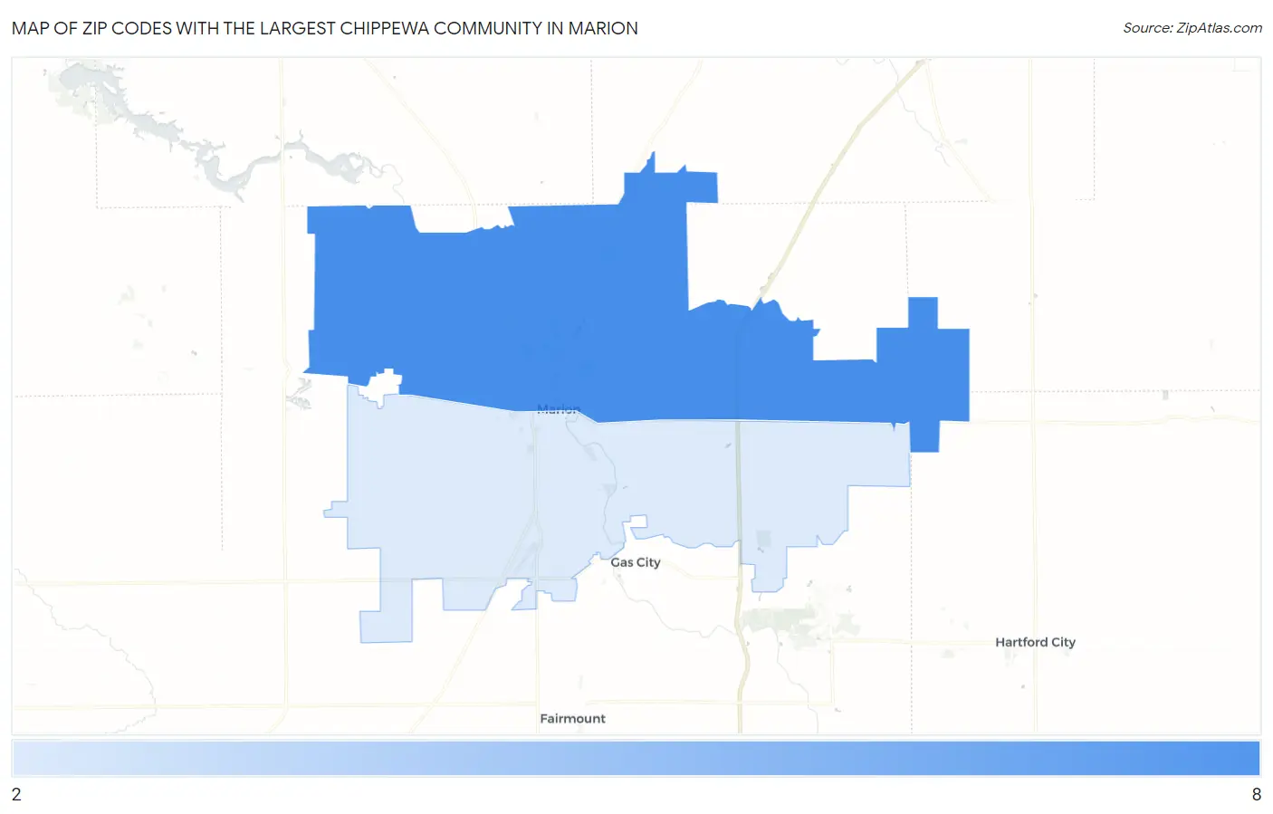 Zip Codes with the Largest Chippewa Community in Marion Map