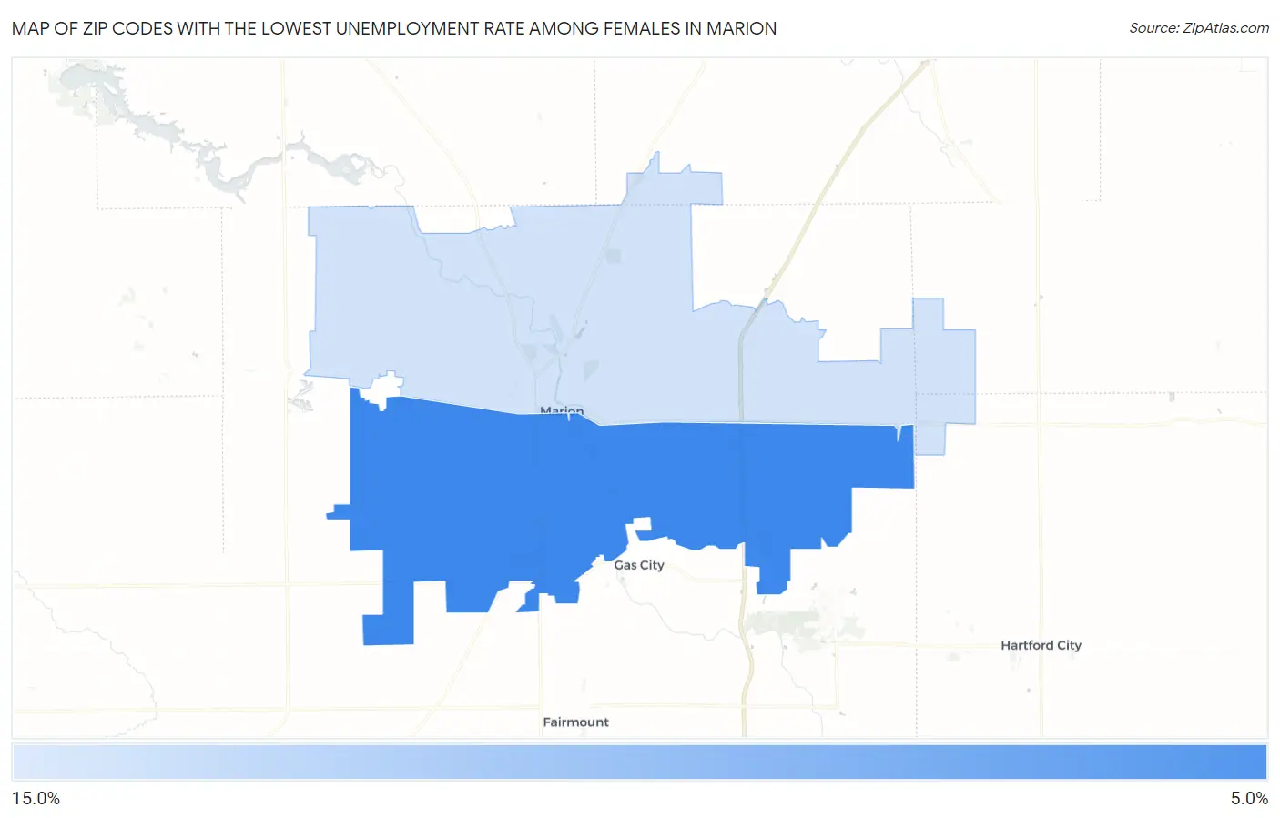 Zip Codes with the Lowest Unemployment Rate Among Females in Marion Map