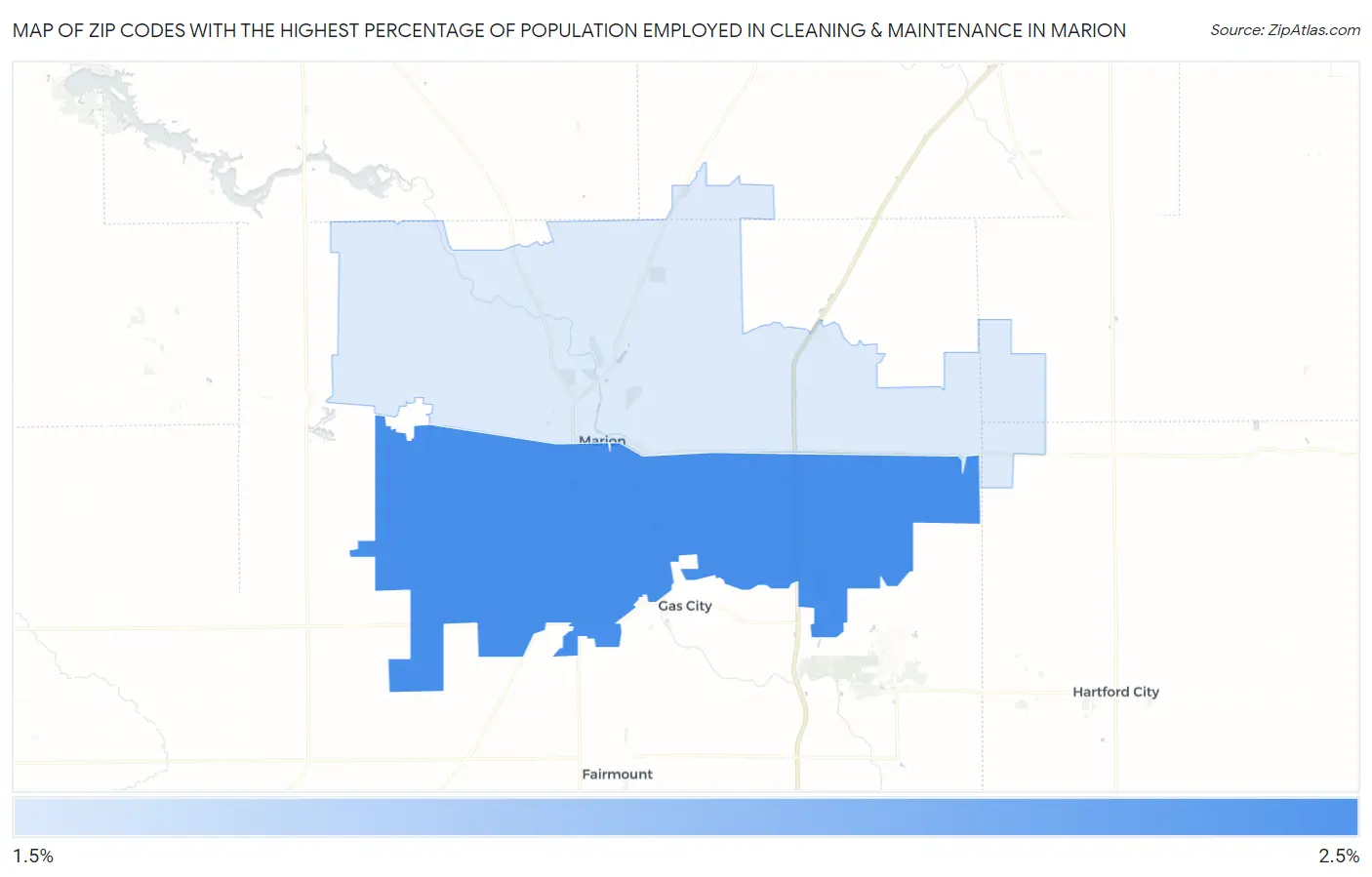 Zip Codes with the Highest Percentage of Population Employed in Cleaning & Maintenance in Marion Map
