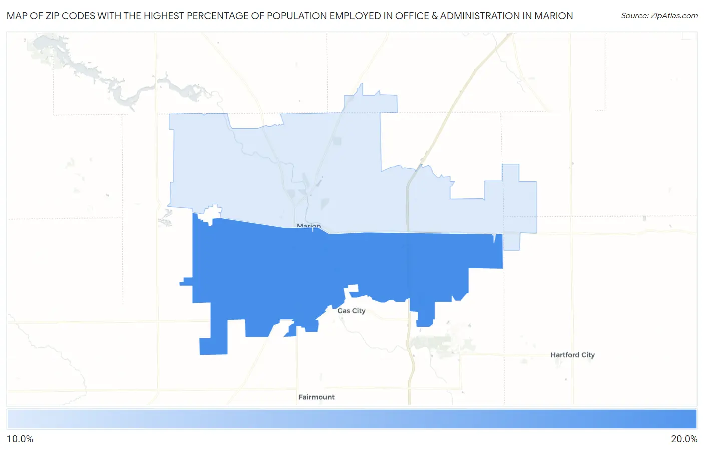Zip Codes with the Highest Percentage of Population Employed in Office & Administration in Marion Map