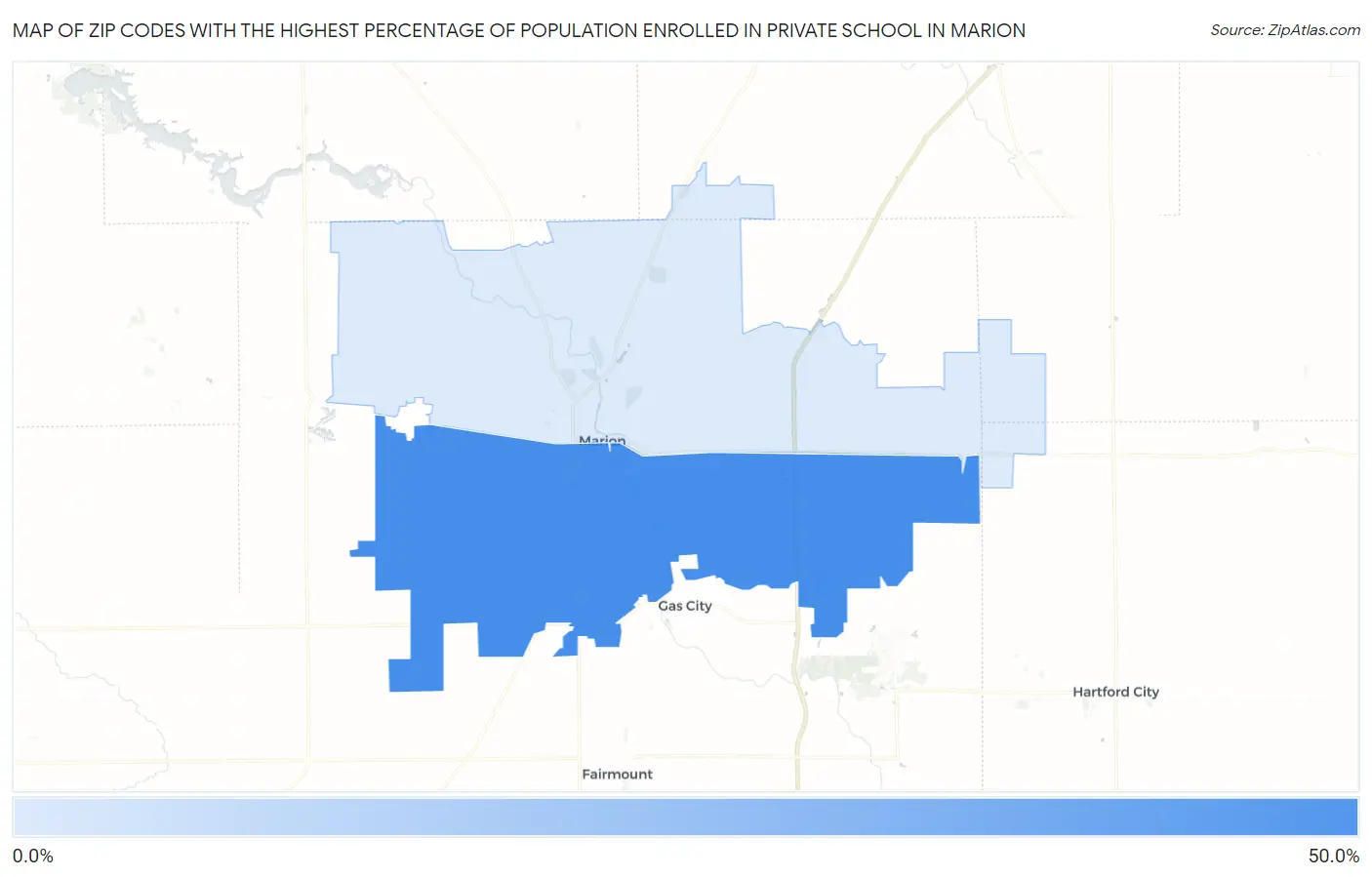 Zip Codes with the Highest Percentage of Population Enrolled in Private School in Marion Map
