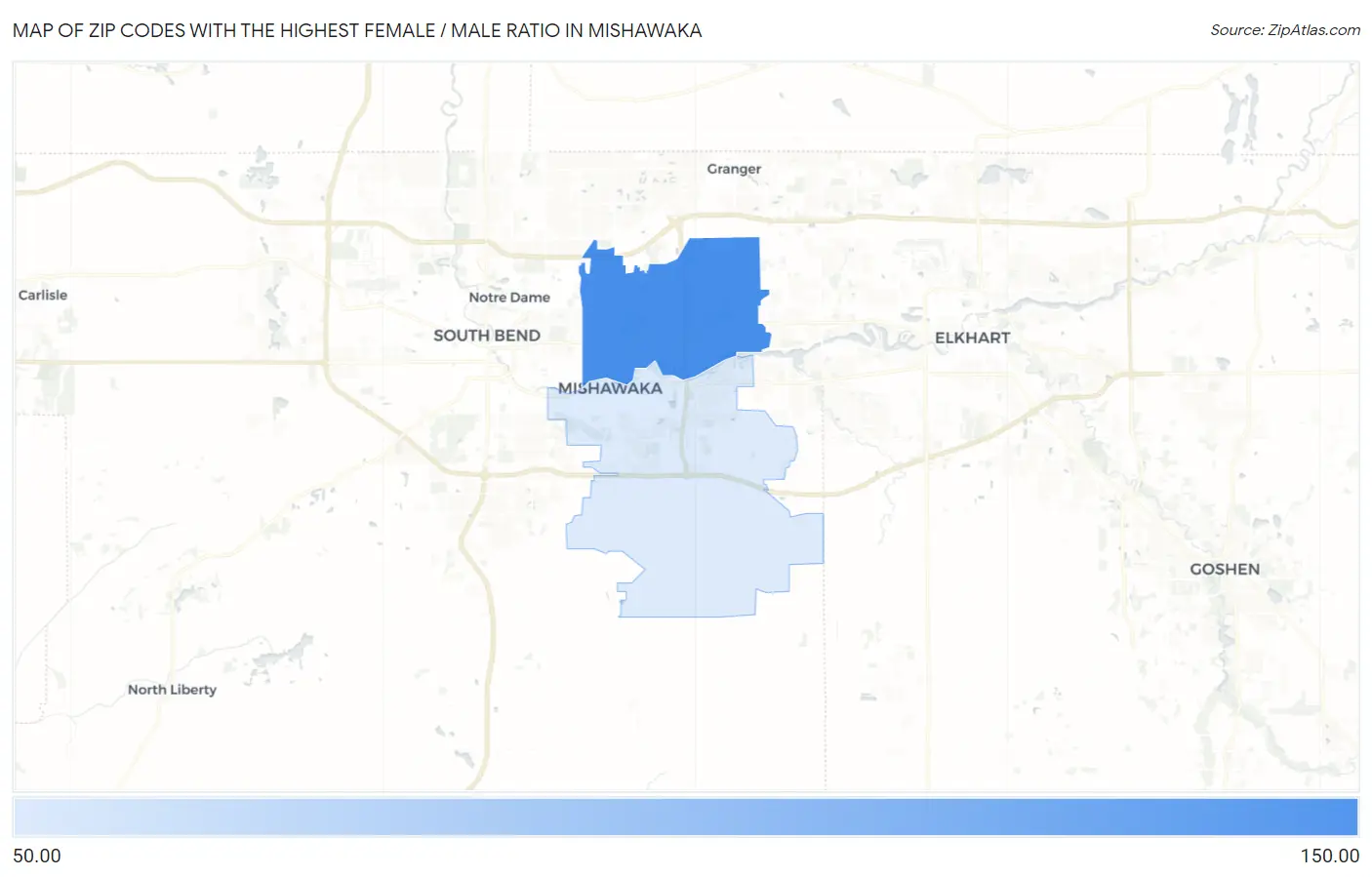 Zip Codes with the Highest Female / Male Ratio in Mishawaka Map