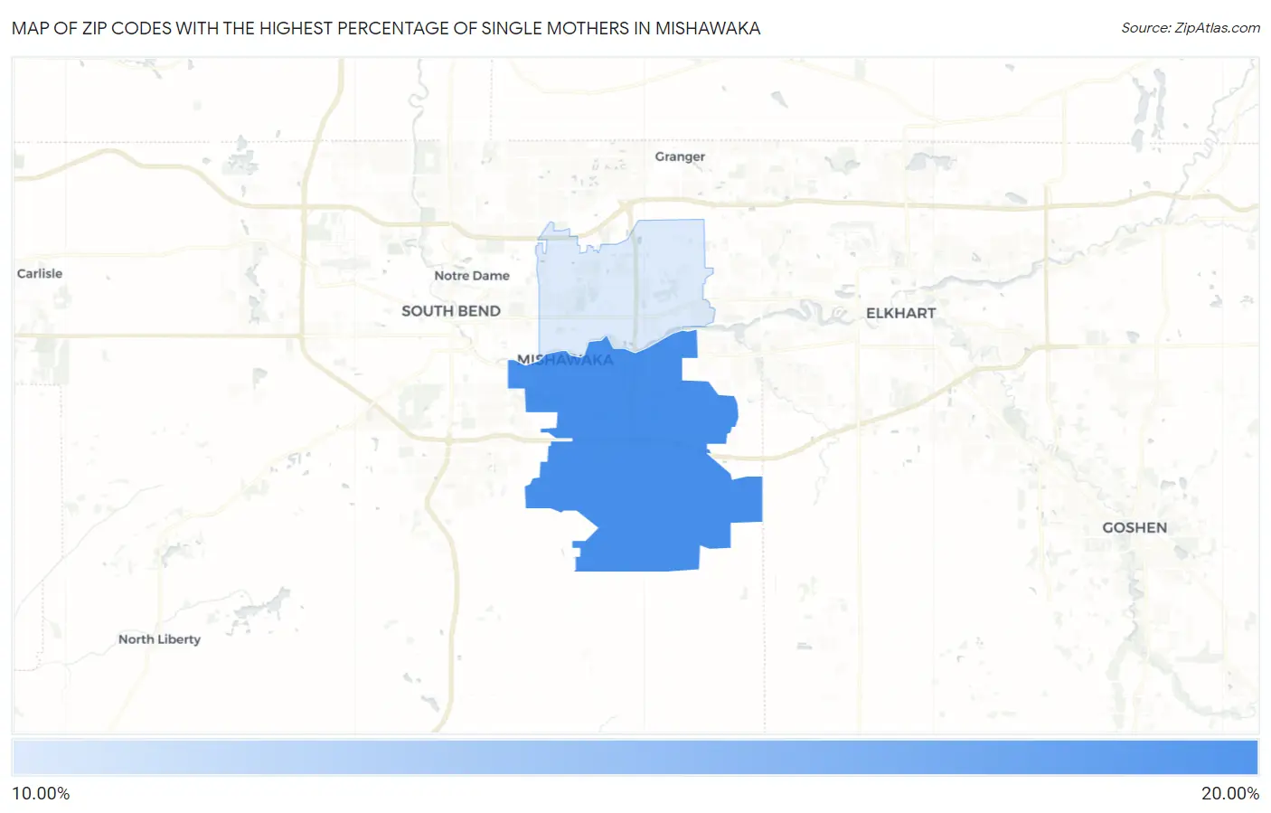 Zip Codes with the Highest Percentage of Single Mothers in Mishawaka Map