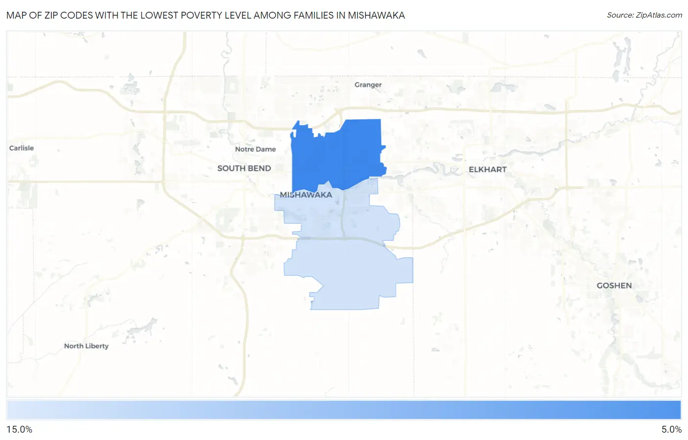Zip Codes with the Lowest Poverty Level Among Families in Mishawaka Map