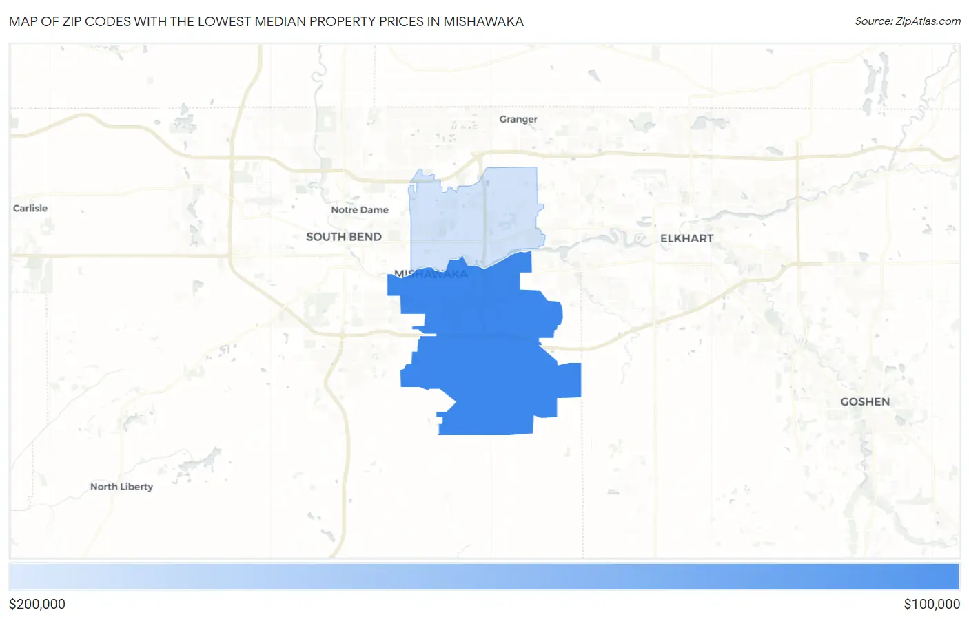 Zip Codes with the Lowest Median Property Prices in Mishawaka Map