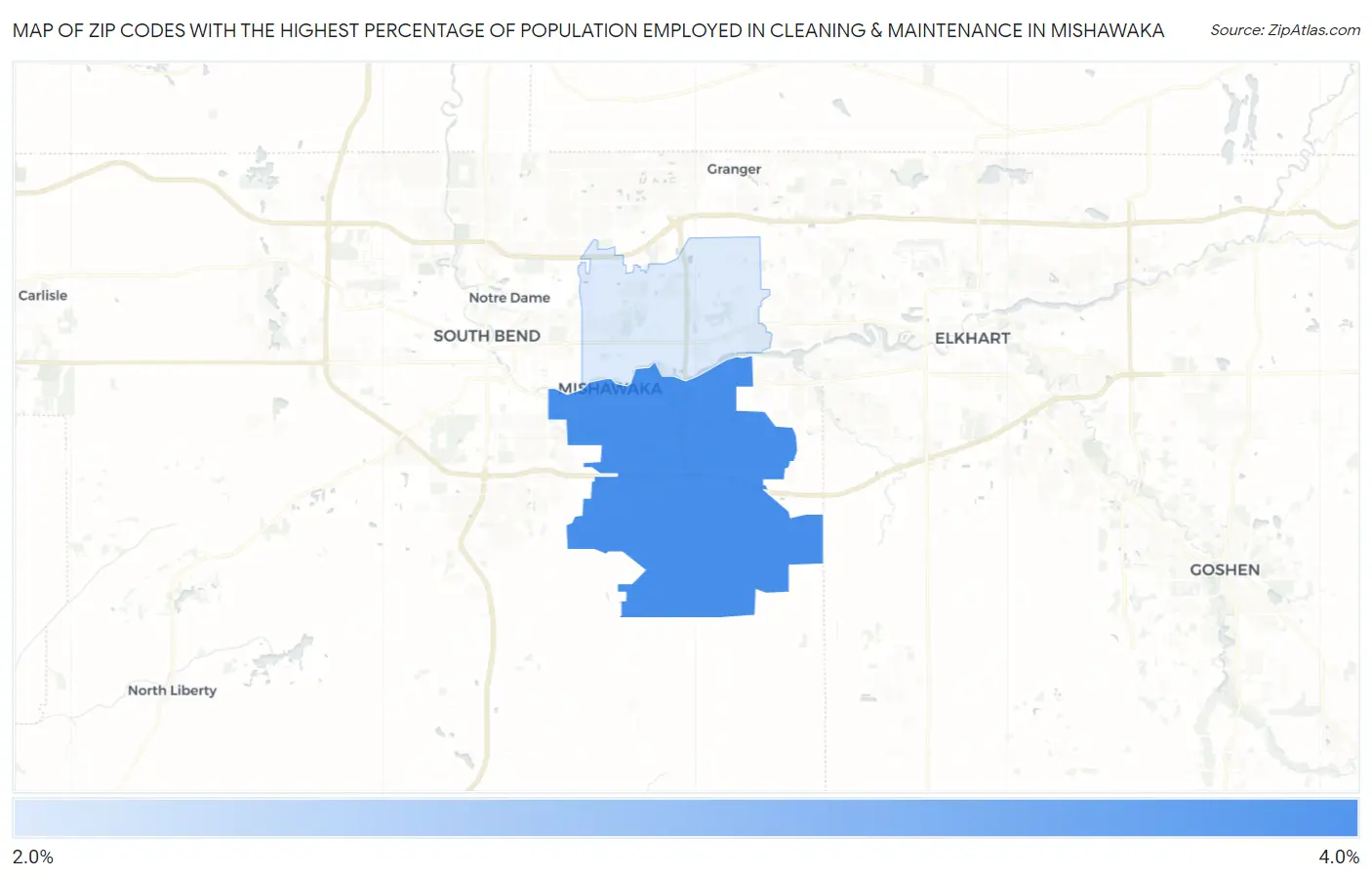 Zip Codes with the Highest Percentage of Population Employed in Cleaning & Maintenance in Mishawaka Map