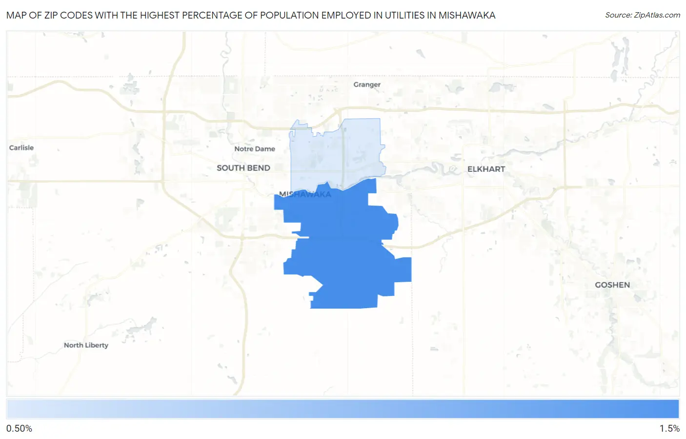 Zip Codes with the Highest Percentage of Population Employed in Utilities in Mishawaka Map