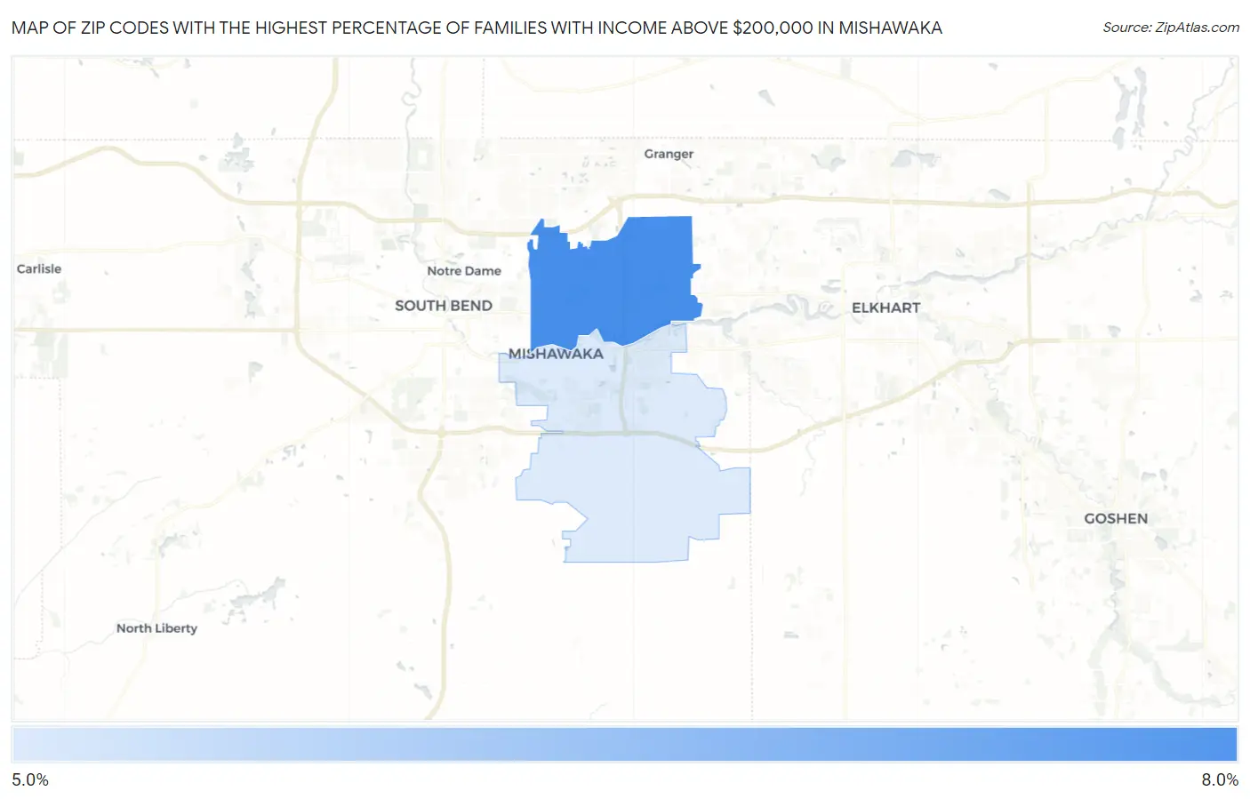 Zip Codes with the Highest Percentage of Families with Income Above $200,000 in Mishawaka Map