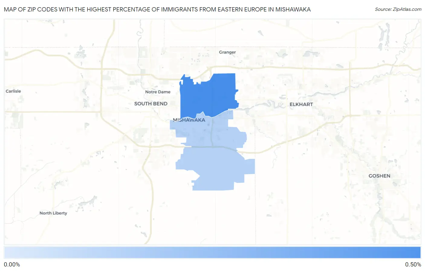 Zip Codes with the Highest Percentage of Immigrants from Eastern Europe in Mishawaka Map