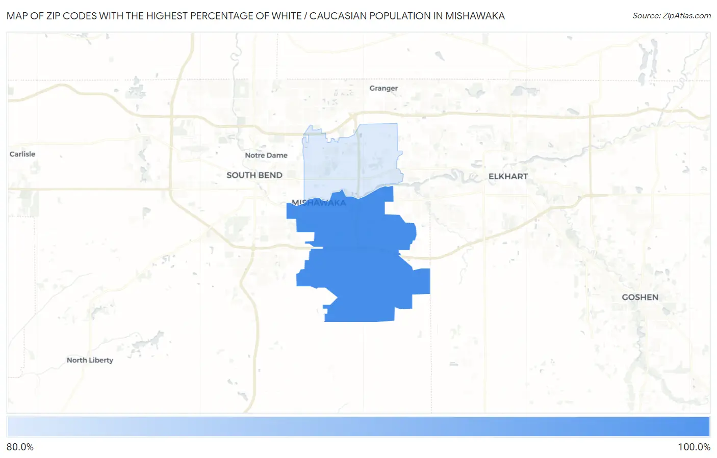 Zip Codes with the Highest Percentage of White / Caucasian Population in Mishawaka Map
