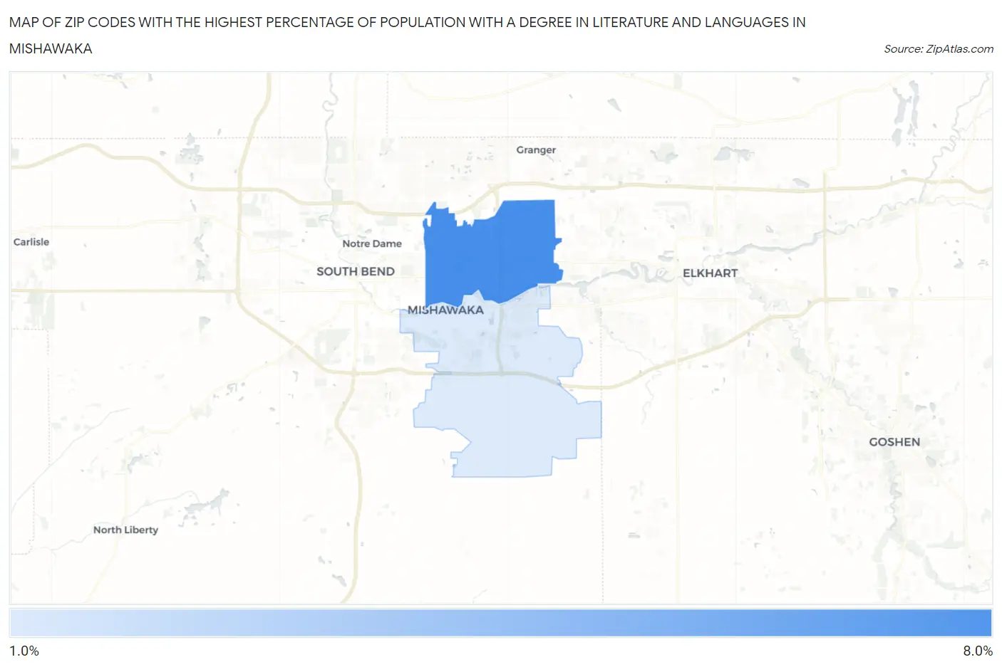 Zip Codes with the Highest Percentage of Population with a Degree in Literature and Languages in Mishawaka Map
