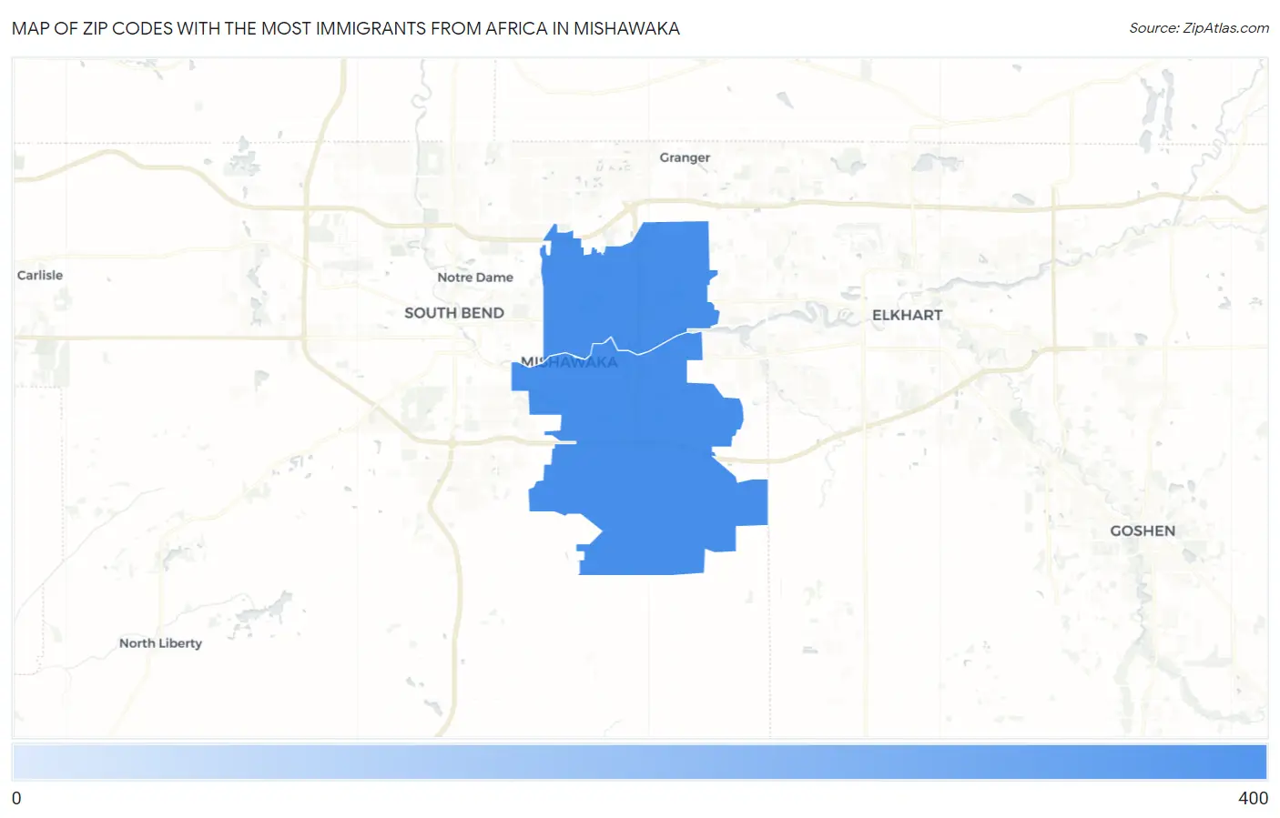 Zip Codes with the Most Immigrants from Africa in Mishawaka Map