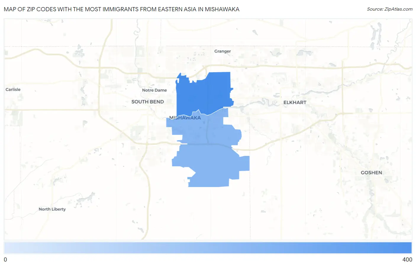 Zip Codes with the Most Immigrants from Eastern Asia in Mishawaka Map