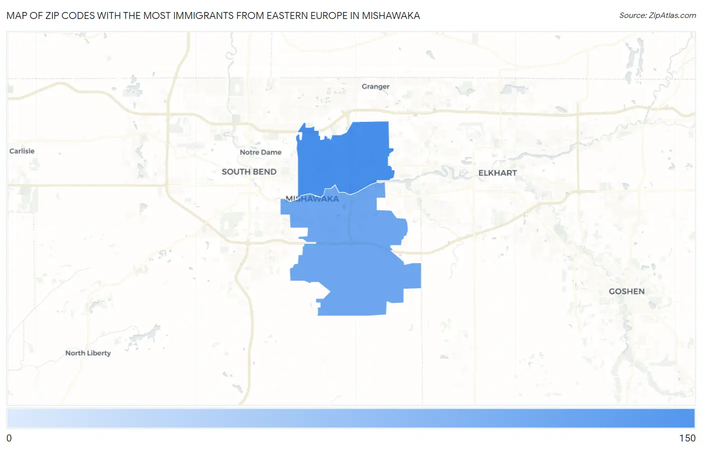 Zip Codes with the Most Immigrants from Eastern Europe in Mishawaka Map