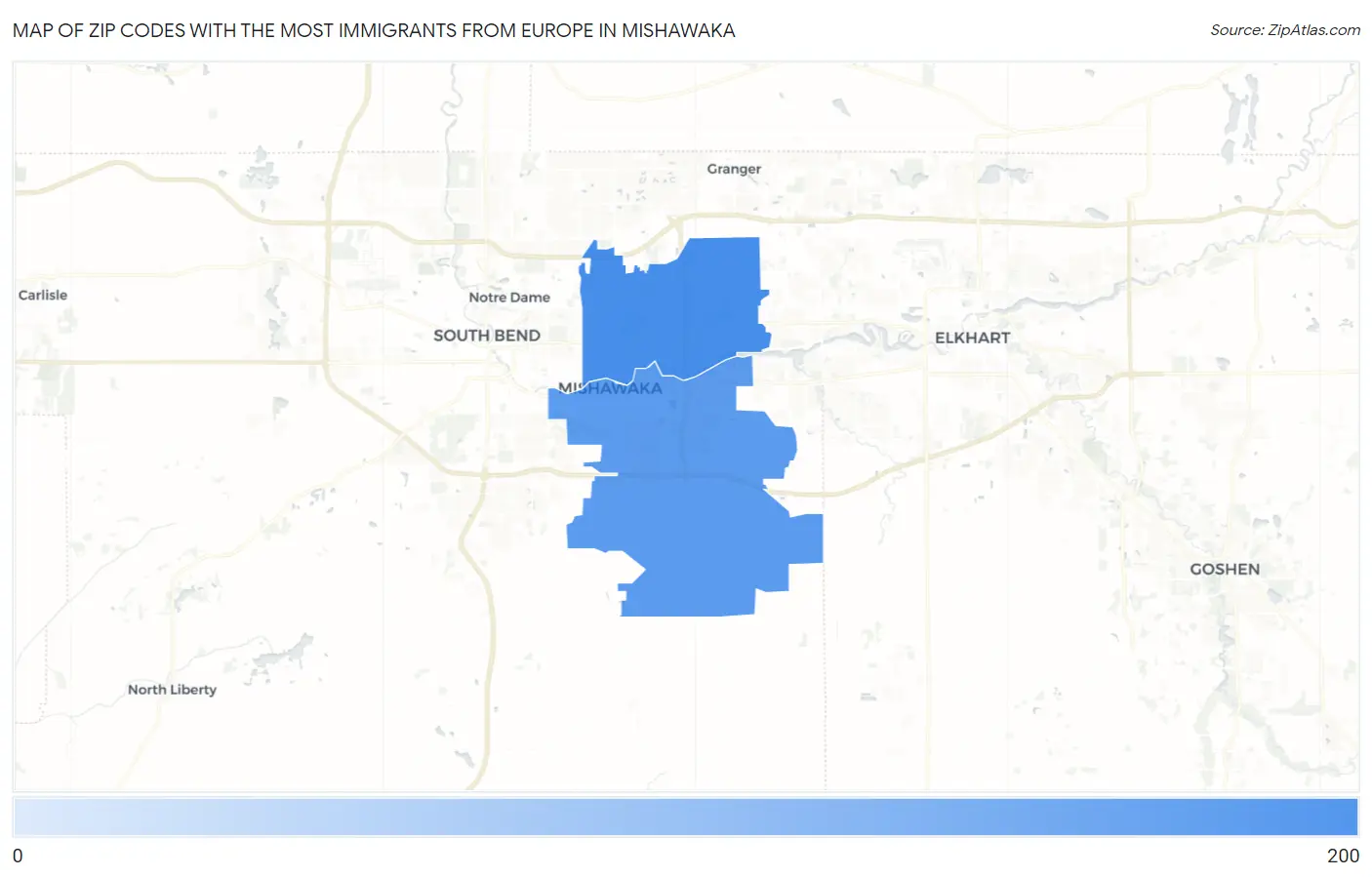 Zip Codes with the Most Immigrants from Europe in Mishawaka Map
