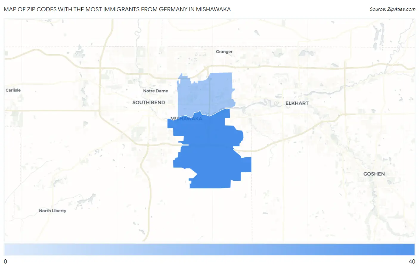 Zip Codes with the Most Immigrants from Germany in Mishawaka Map