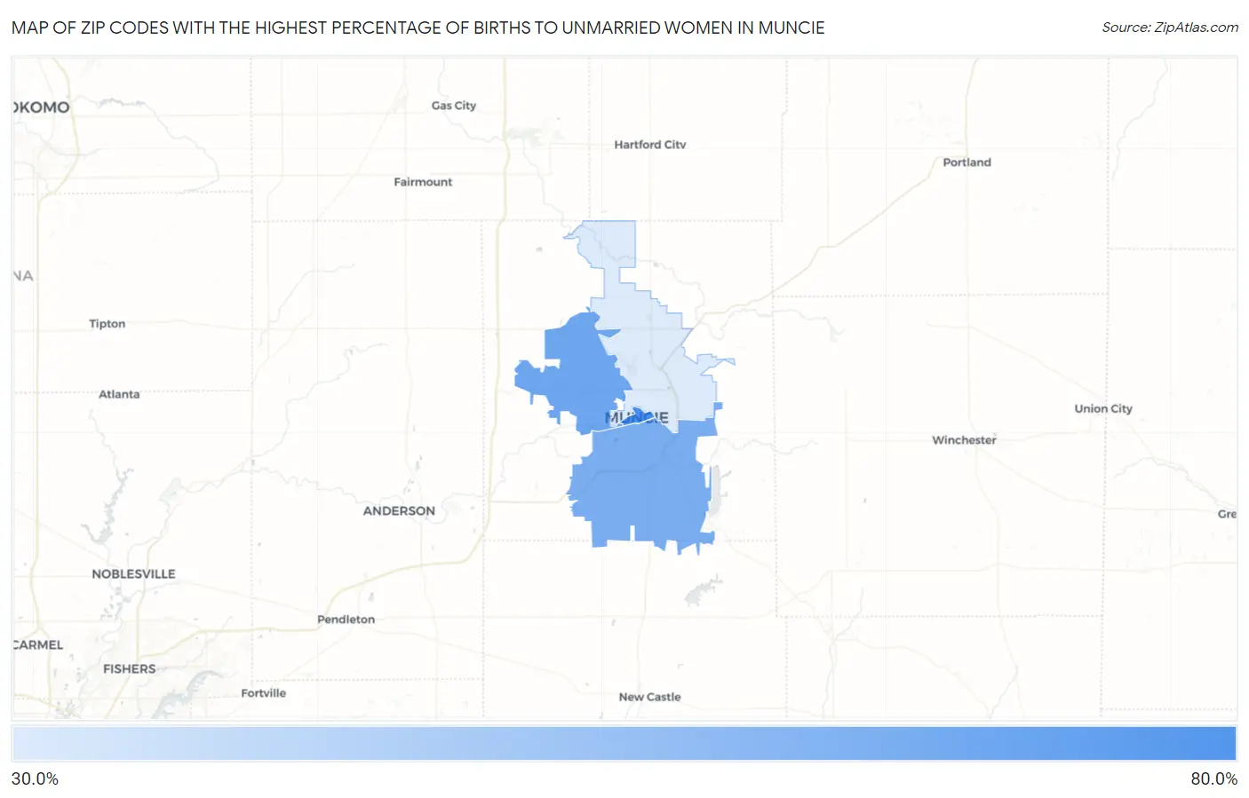 Zip Codes with the Highest Percentage of Births to Unmarried Women in Muncie Map
