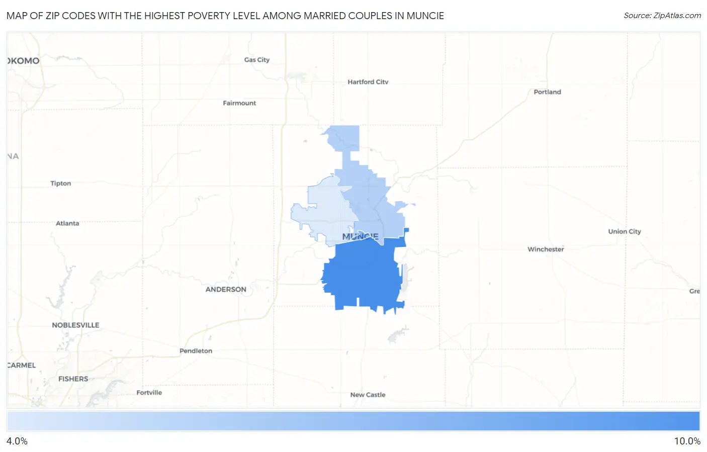 Zip Codes with the Highest Poverty Level Among Married Couples in Muncie Map