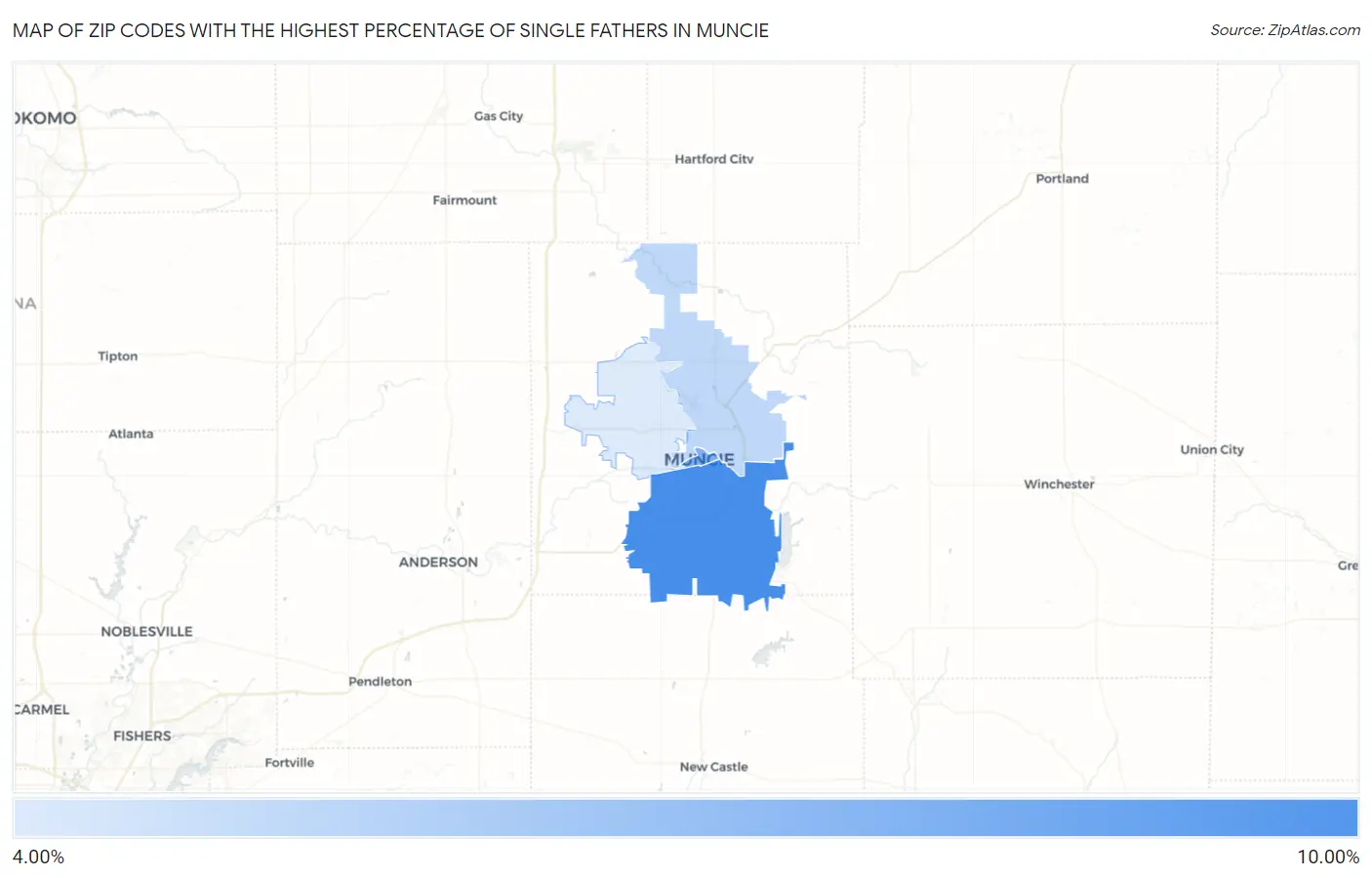 Zip Codes with the Highest Percentage of Single Fathers in Muncie Map