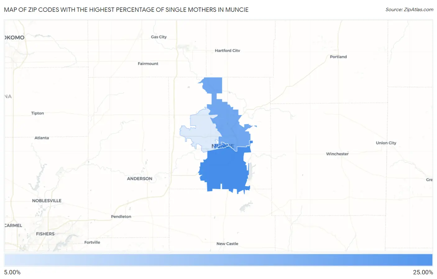Zip Codes with the Highest Percentage of Single Mothers in Muncie Map