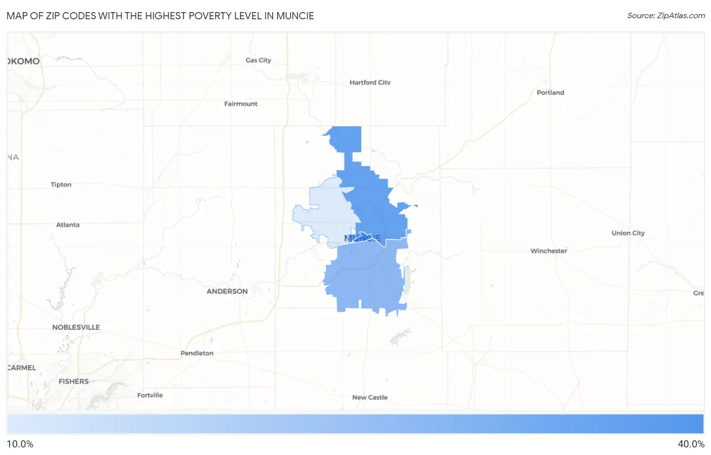 Zip Codes with the Highest Poverty Level in Muncie Map
