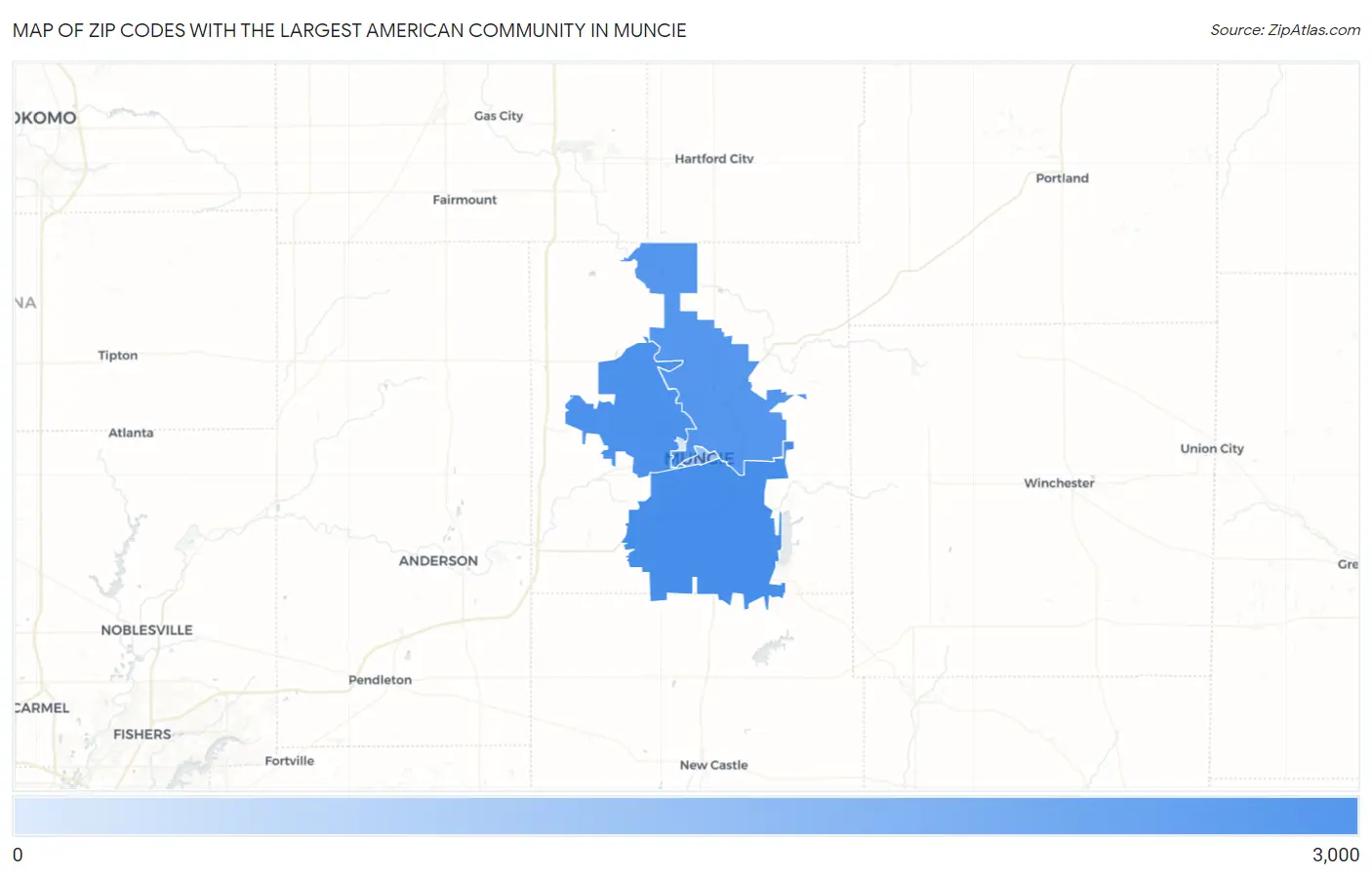 Zip Codes with the Largest American Community in Muncie Map