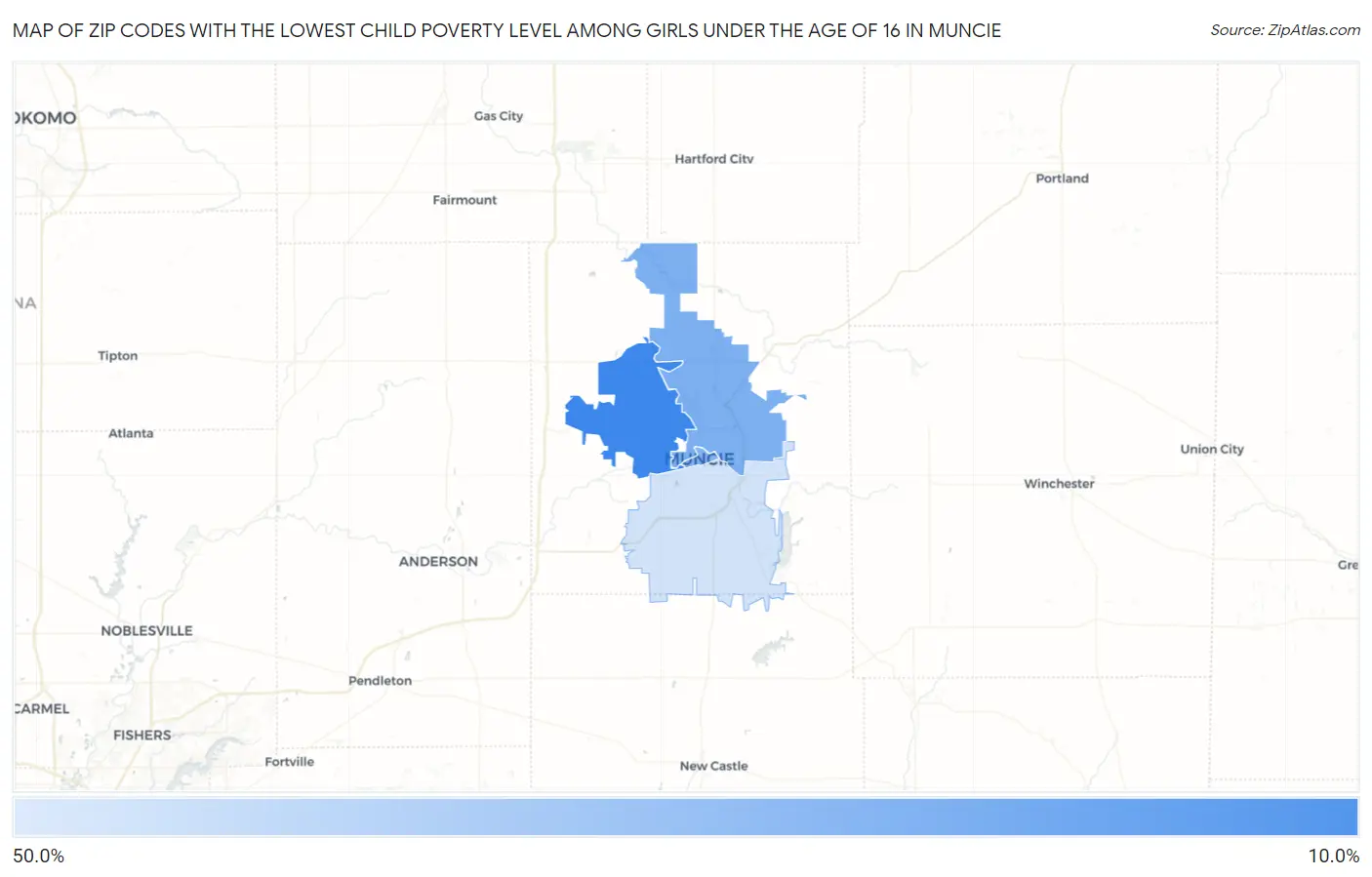 Zip Codes with the Lowest Child Poverty Level Among Girls Under the Age of 16 in Muncie Map