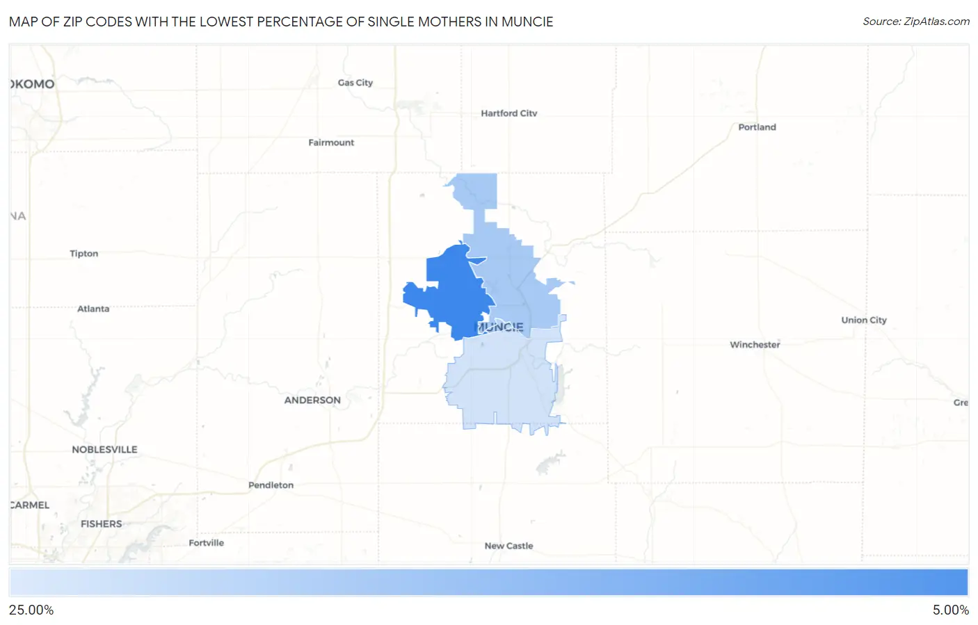 Zip Codes with the Lowest Percentage of Single Mothers in Muncie Map