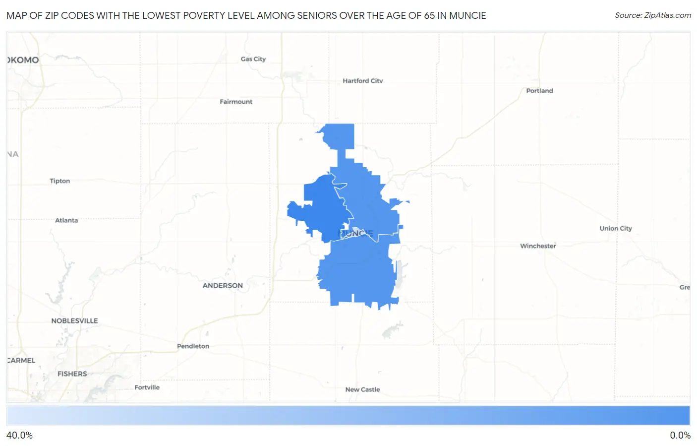 Zip Codes with the Lowest Poverty Level Among Seniors Over the Age of 65 in Muncie Map