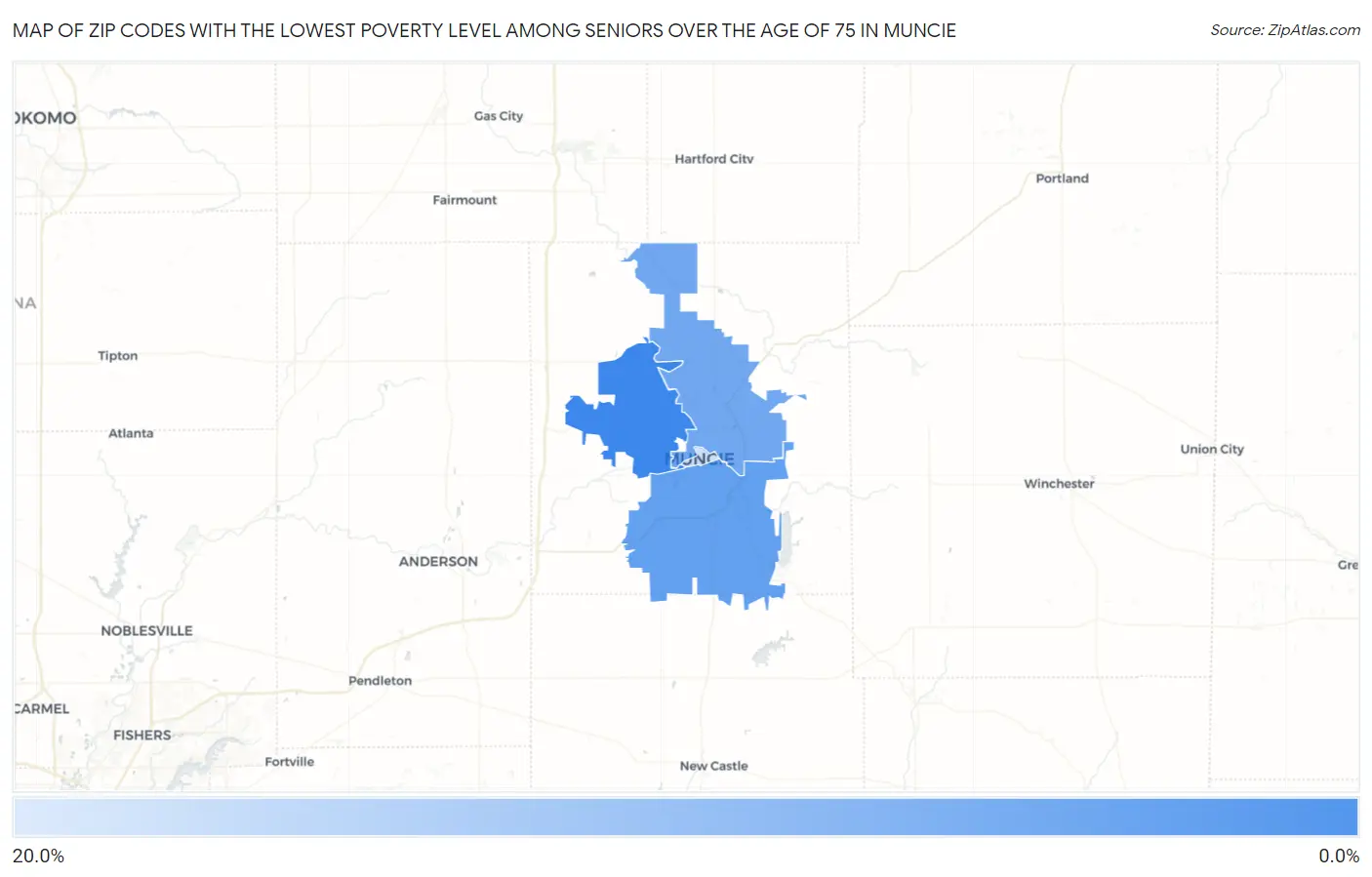 Zip Codes with the Lowest Poverty Level Among Seniors Over the Age of 75 in Muncie Map
