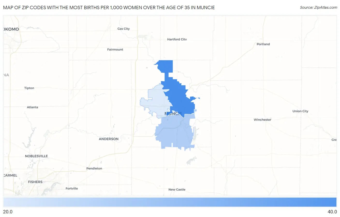 Zip Codes with the Most Births per 1,000 Women Over the Age of 35 in Muncie Map