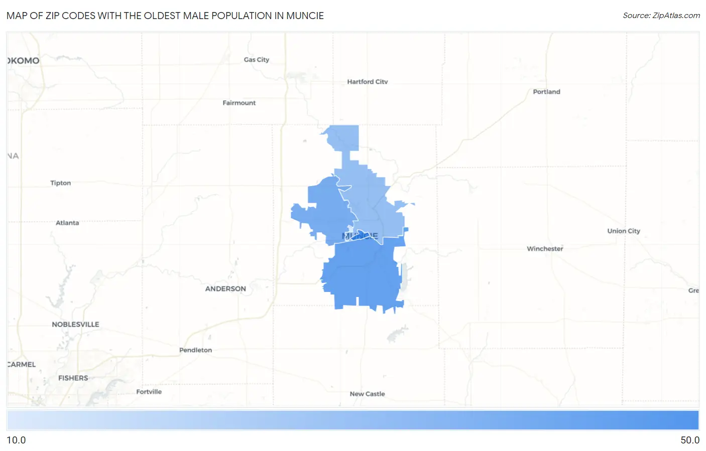 Zip Codes with the Oldest Male Population in Muncie Map