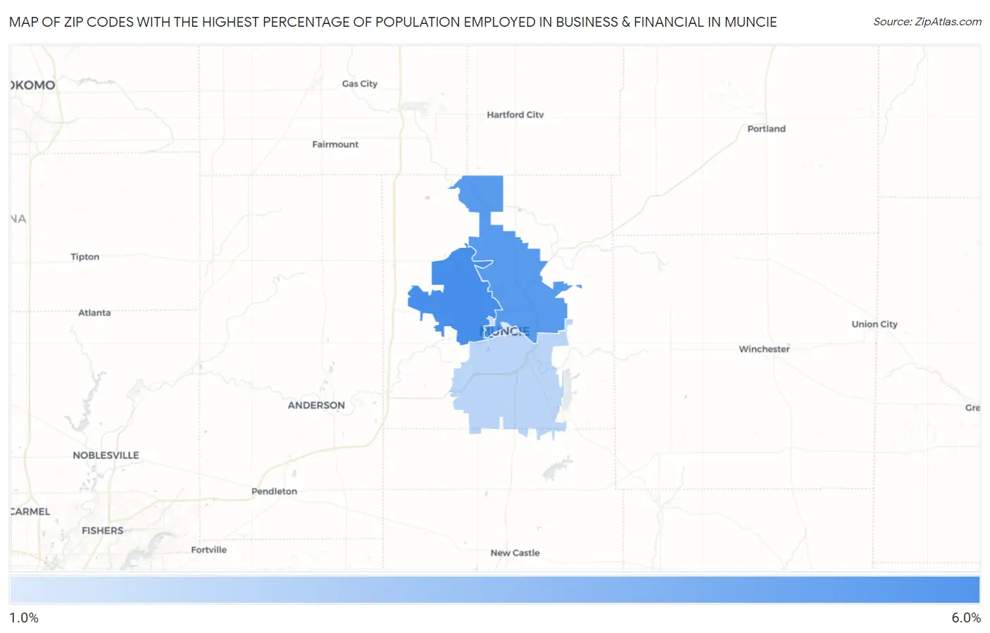 Zip Codes with the Highest Percentage of Population Employed in Business & Financial in Muncie Map