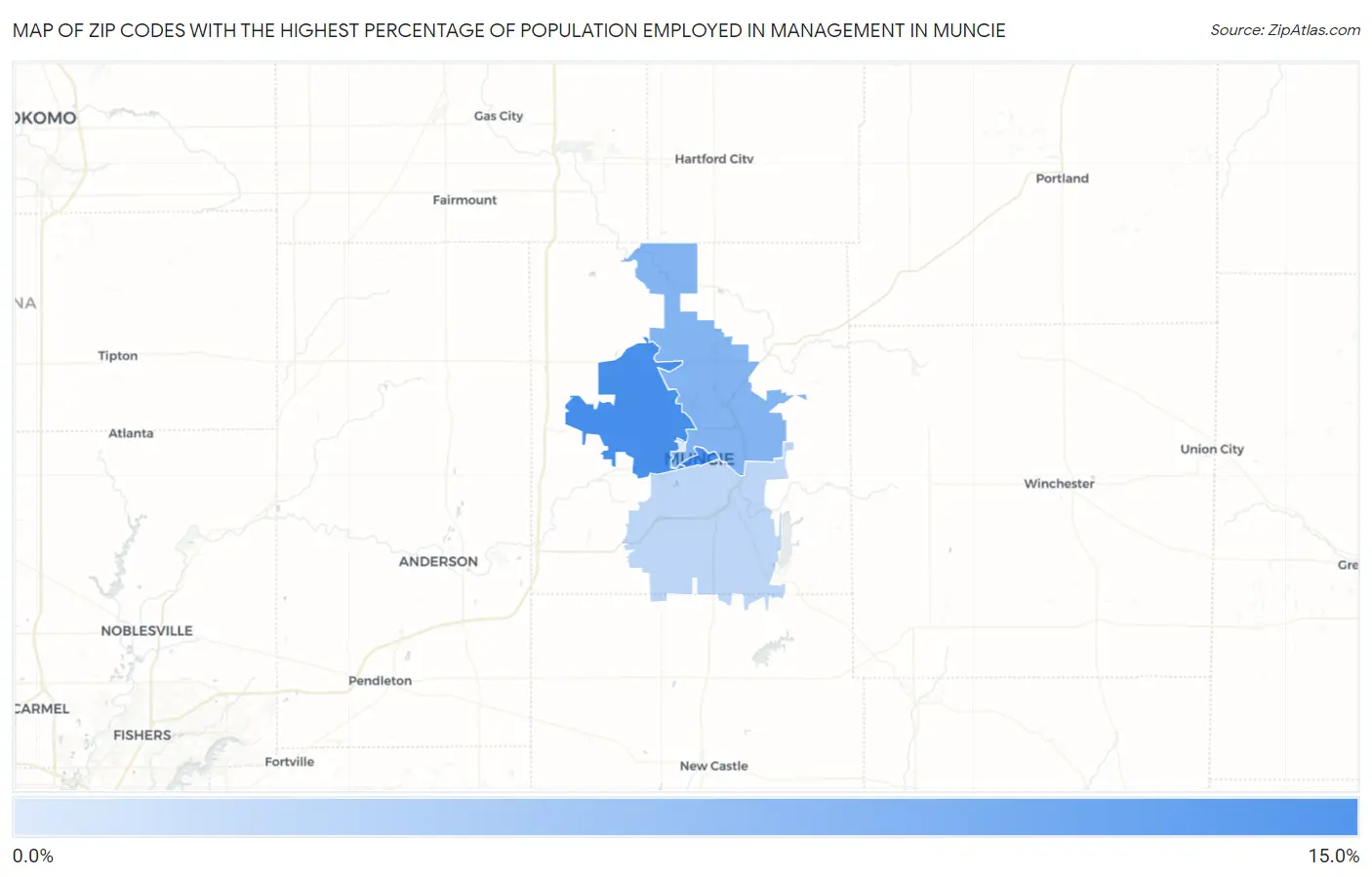 Zip Codes with the Highest Percentage of Population Employed in Management in Muncie Map