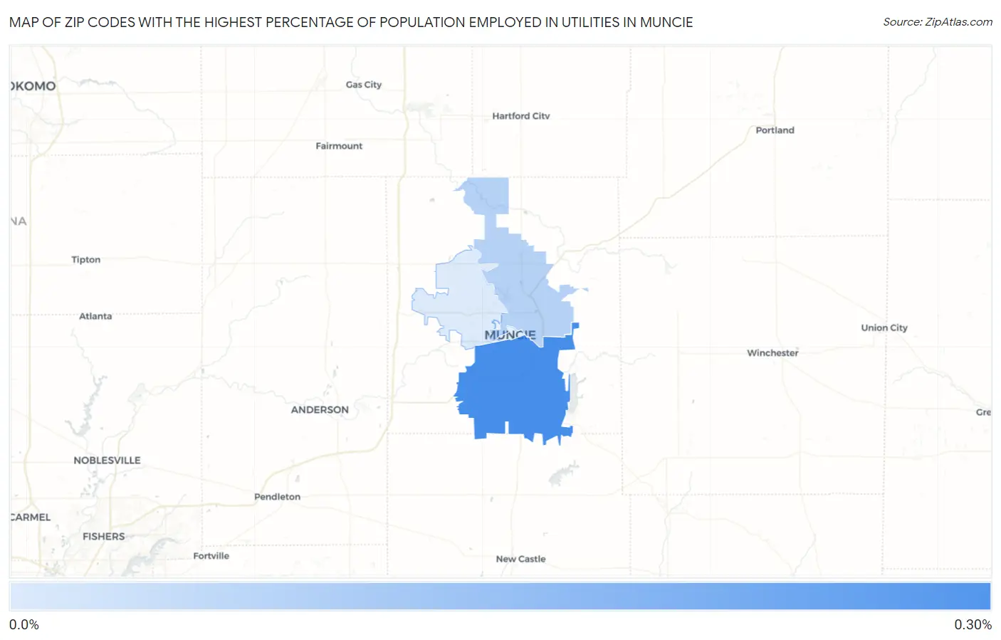 Zip Codes with the Highest Percentage of Population Employed in Utilities in Muncie Map